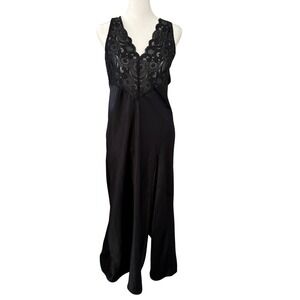 90s Vintage Victoria's Secret Black Lace Trim Satin Long Nightgown Slip Dress L